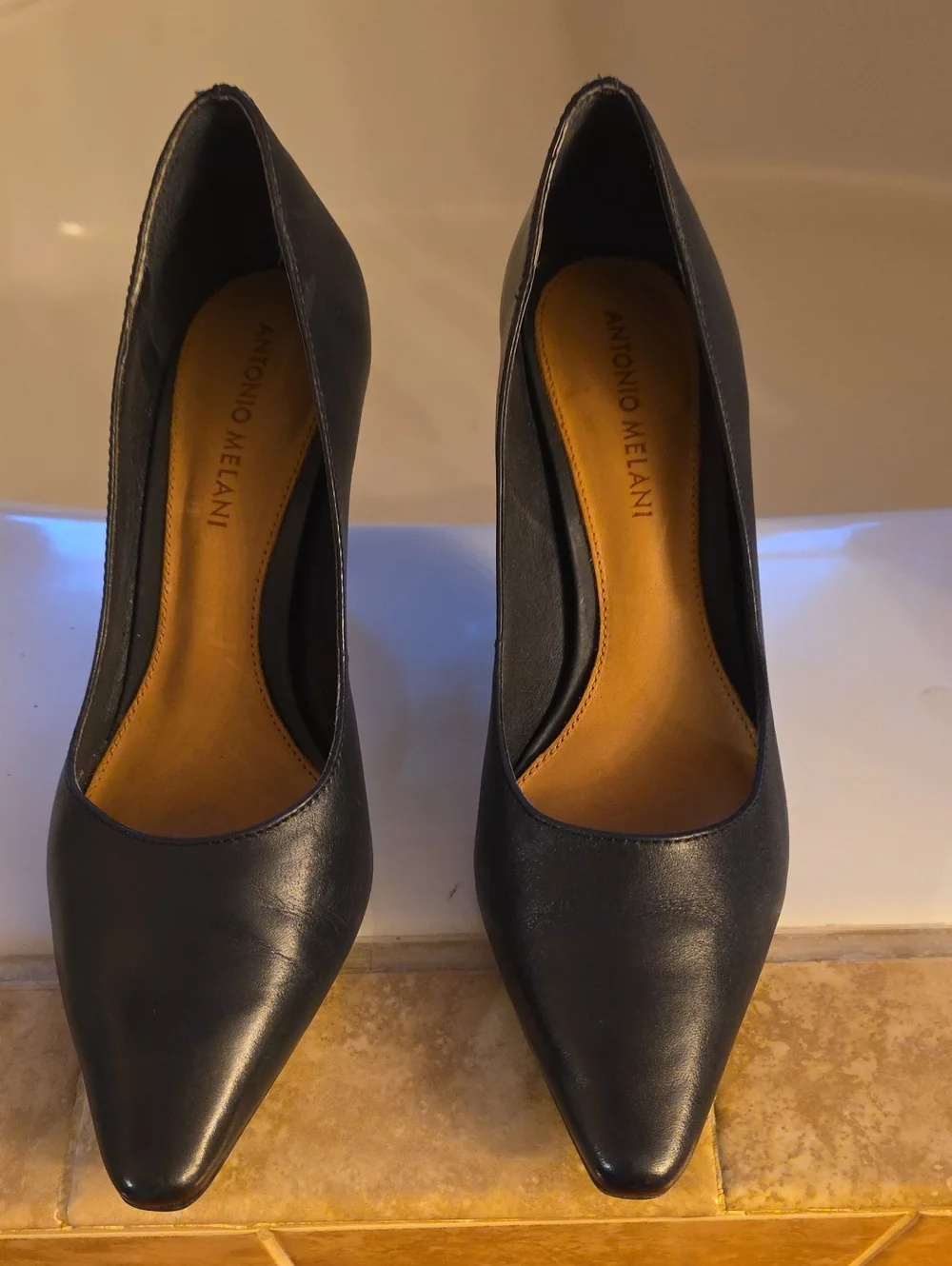 ANTONIO MELANI Dark Navy Blue Pointed Toe Leather Pumps with Tan Insole